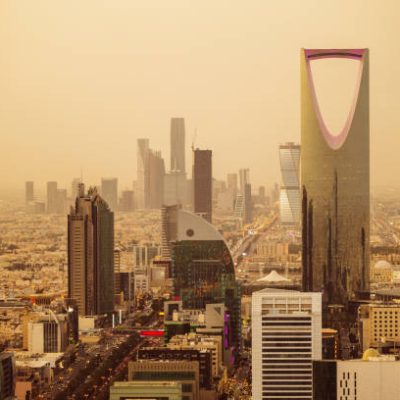 View over Riyadh with with dust and sand in the air giving a golden colour